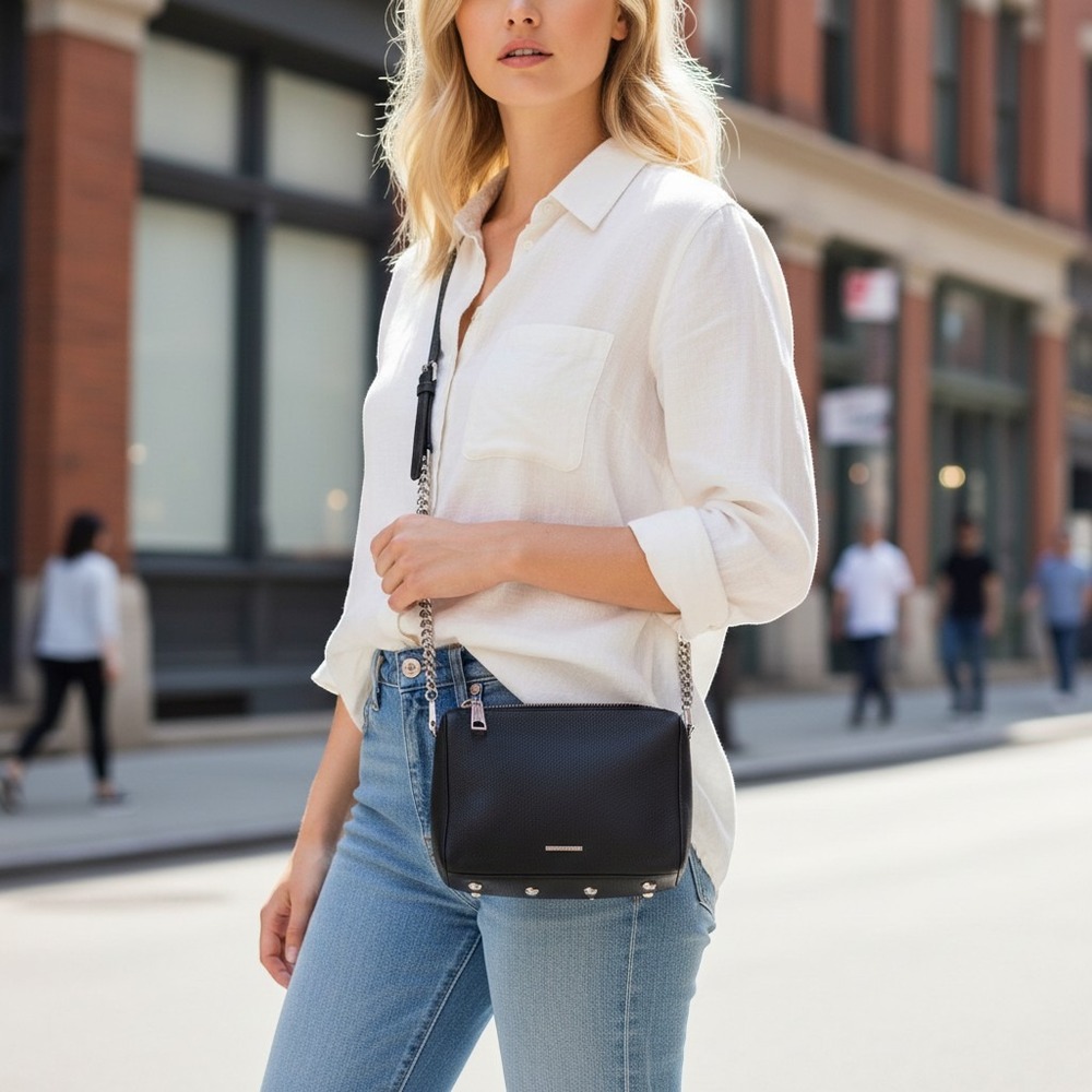 Rebecca Minkoff Black‎ Crossbody Bag Zip Top, Chain/Detachable Strap, Pockets